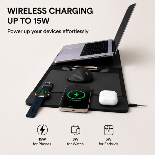 The All-In-One Mobile Workstation Sleeve | Built-In 15W Multi-Device Wireless Charger, Ergonomic Laptop Stand & Mousepad (Fits up to 16")